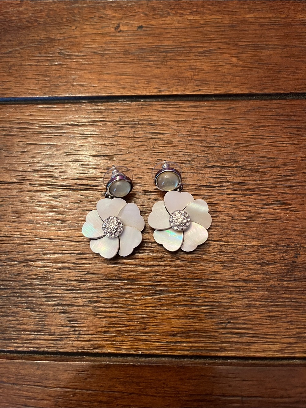 Mother-of-Pearl Floral Drop Earrings with Crystal Center - White